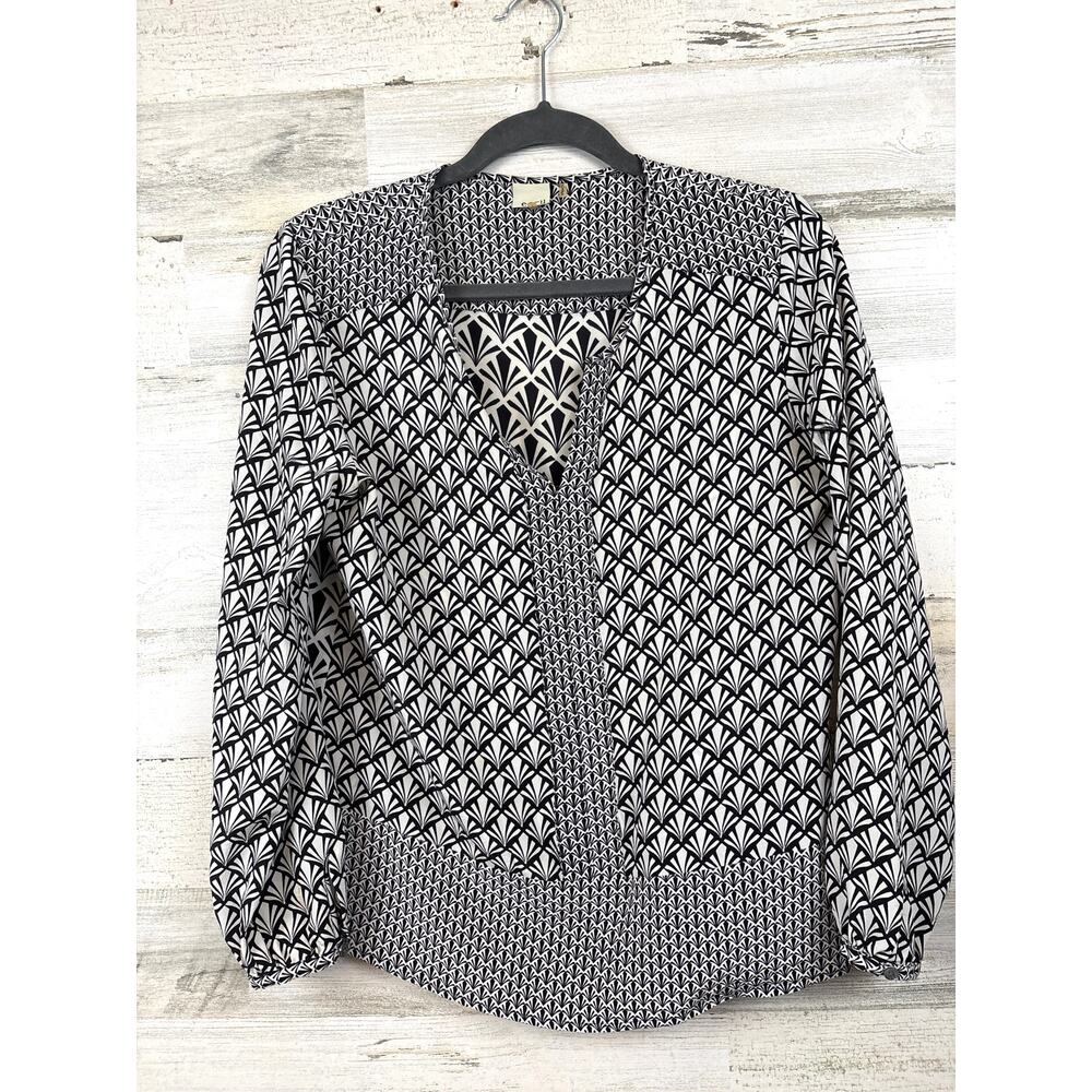 Ecru Womens S Black White Floral Silk V Neck Lightweight Long Sleeve Blouse